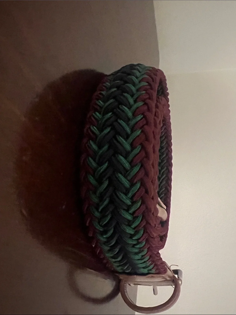 Leather-Trim Woven Belt in Brown with Green & Navy Accents